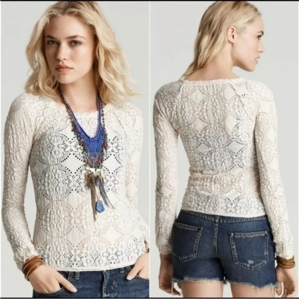 Free People Sunny Pucker Lace Top Cream XS